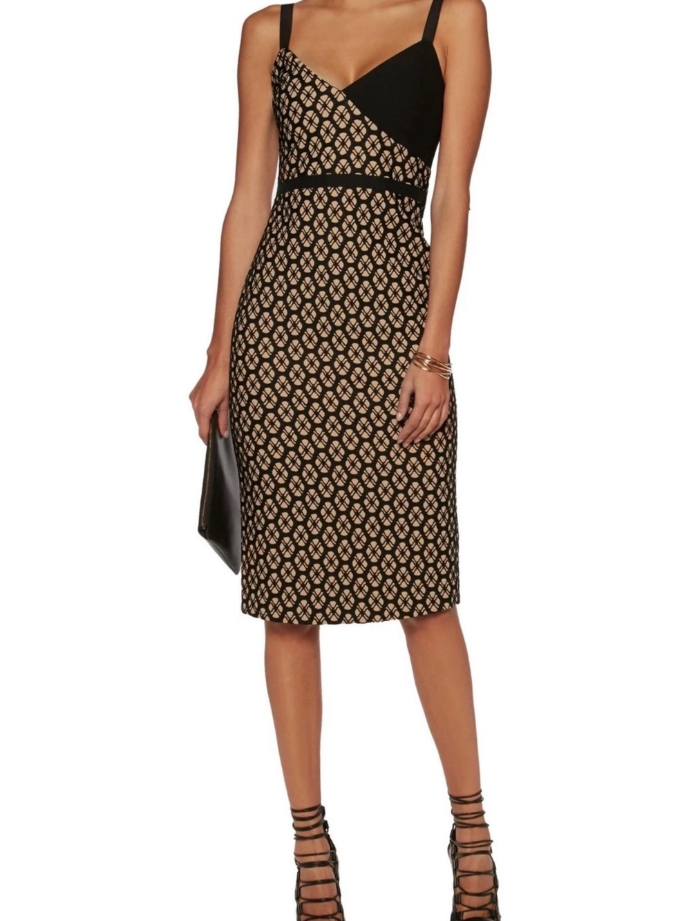 cinq a sept Black and Beige Patterned Pencil Skirt Dress